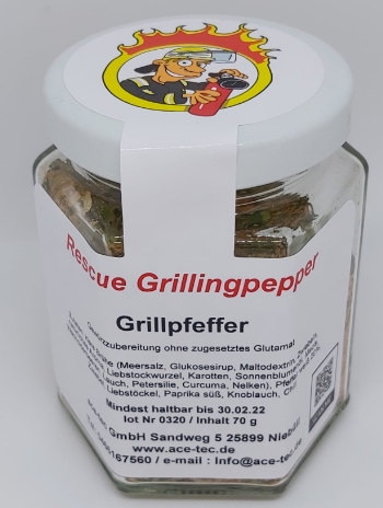 Rescue Grillingpepper
Grillpfeffer  
Gewürzzubereitung
ohne zugesetztes Glutamat
